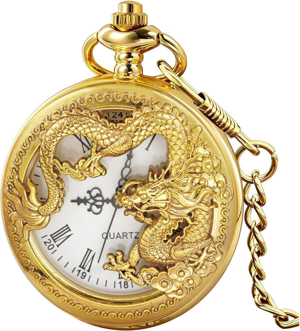 Dragon Design Quartz Pocket Watch Roman Numerals with Chain Birthdays