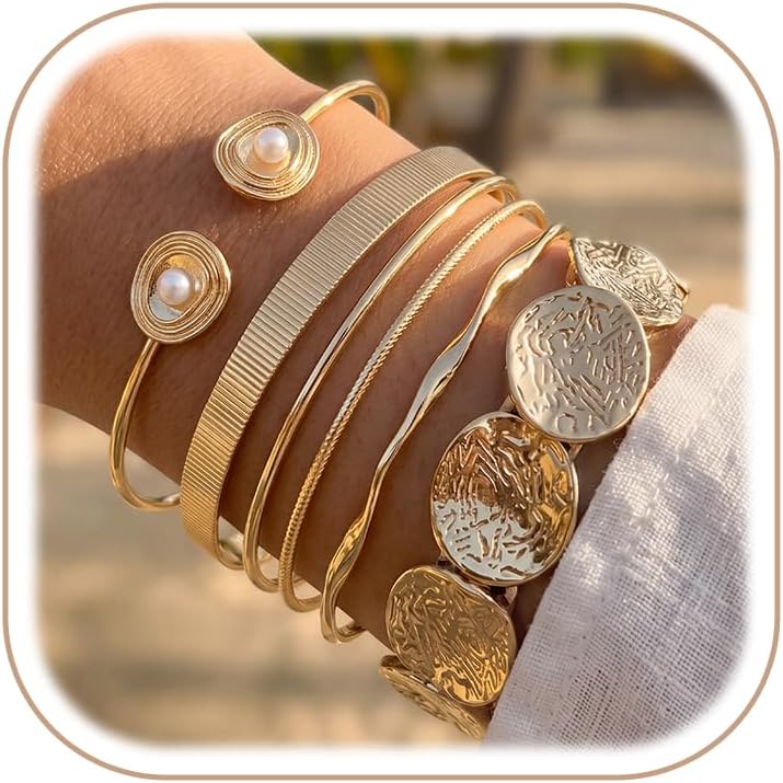 Gold Bangle Bracelets for Women, Dainty Knot 14K Gold Plated Multi Layer Bangle Cuffs, Personalized Boho Chunky Bracelets for Women Jewelrys Set Gifts