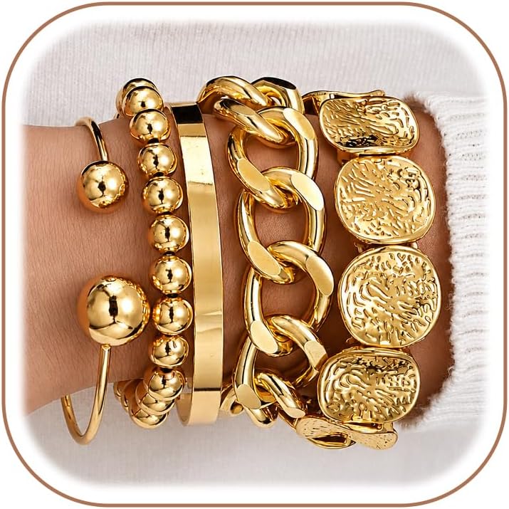 Gold Bangle Bracelets for Women, Dainty Knot 14K Gold Plated Multi Layer Bangle Cuffs, Personalized Boho Chunky Bracelets for Women Jewelrys Set Gifts