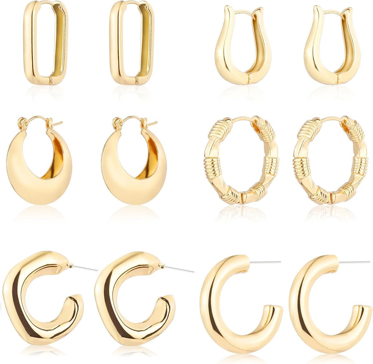 6 Pairs 14K Gold Plated Hoop Earrings for Women Lightweight Chunky Hoop Earrings Multipack Hypoallergenic, Thick Open Twisted Huggie Hoops Earring