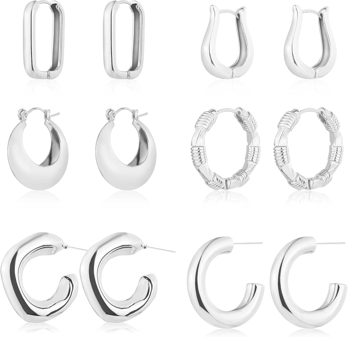 6 Pairs 14K Gold Plated Hoop Earrings for Women Lightweight Chunky Hoop Earrings Multipack Hypoallergenic, Thick Open Twisted Huggie Hoops Earring