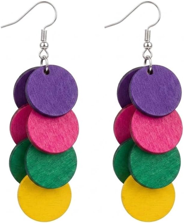 Bohemian Wooden Layered Disc Dangle Earrings, Boho Style Round Drop Earrings for Women, Lightweight Statement Jewelry for Daily Wear & Party