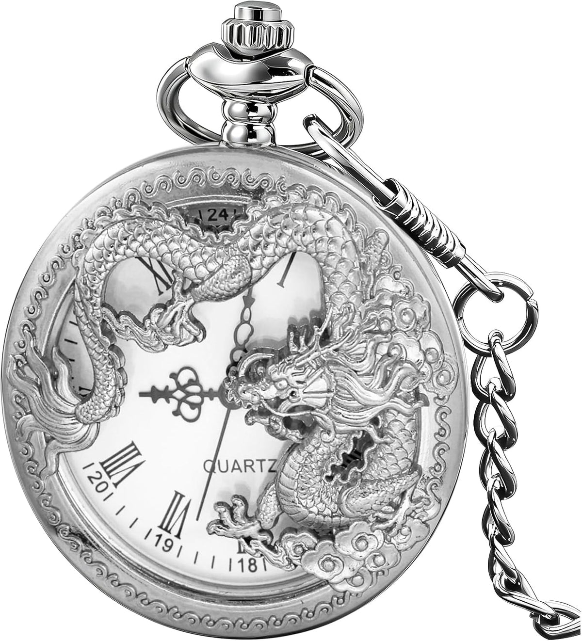 Dragon Design Quartz Pocket Watch Roman Numerals with Chain Birthdays