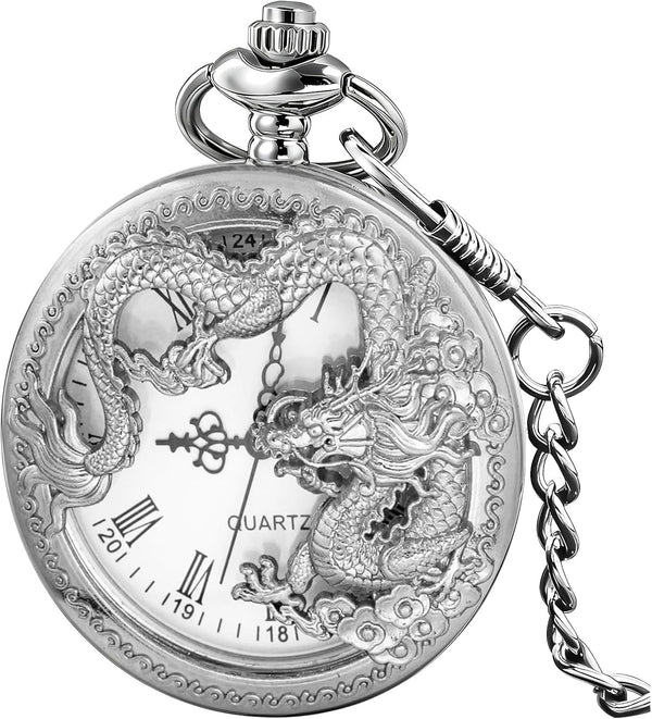 Dragon Design Quartz Pocket Watch Roman Numerals with Chain Birthdays