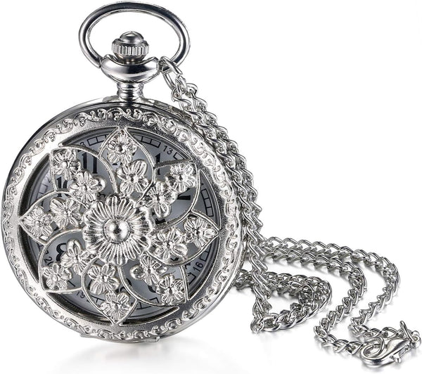 Antique Bronze Retro Hollow Rose Flowers Openwork Quartz Pocket Watch