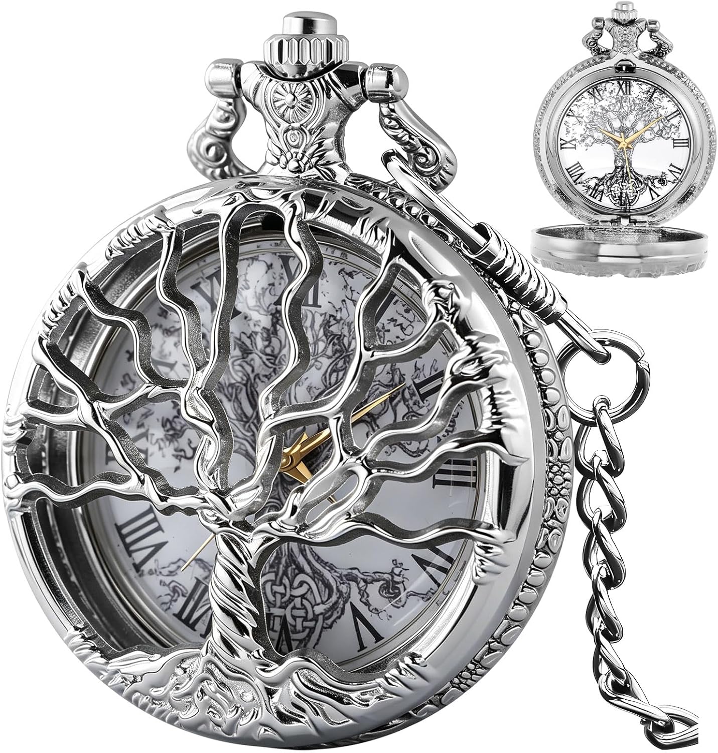 Pocket Watch Hollow Tree of Life Design Roman Numerals Customizable Qu