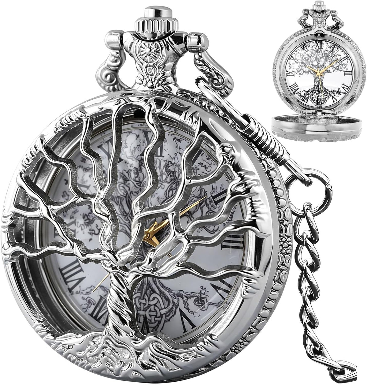 Pocket Watch Hollow Tree of Life Design Roman Numerals Customizable Qu