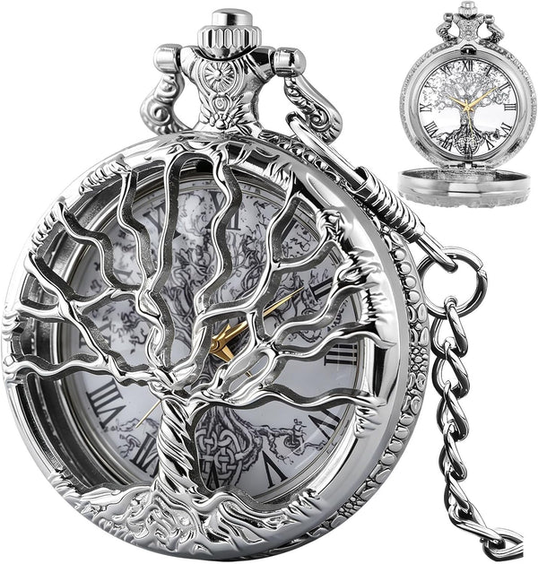 Pocket Watch Hollow Tree of Life Design Roman Numerals Customizable Qu
