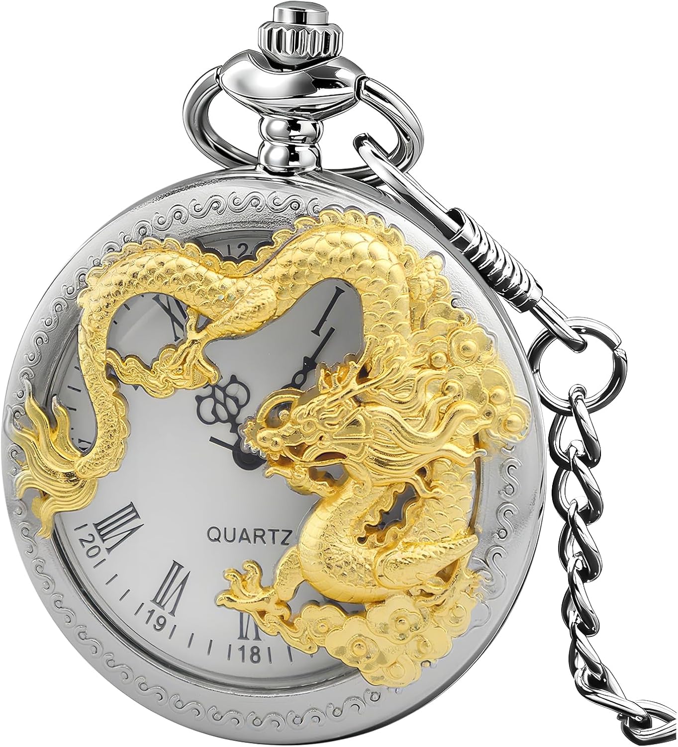 Dragon Design Quartz Pocket Watch Roman Numerals with Chain Birthdays