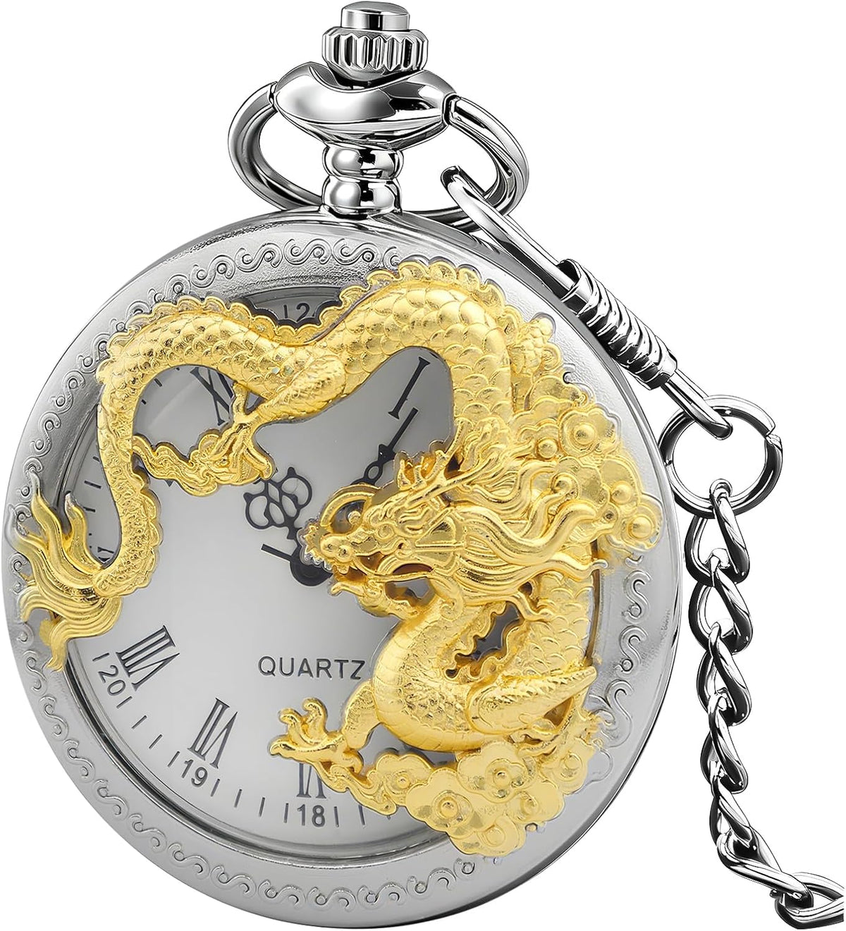 Dragon Design Quartz Pocket Watch Roman Numerals with Chain Birthdays