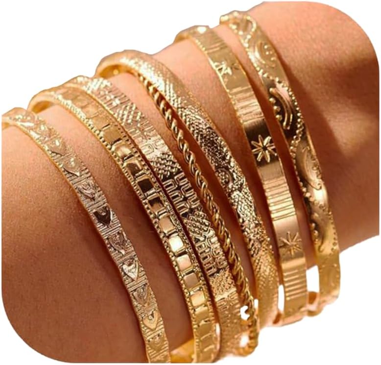 Gold Bangle Bracelets for Women, Indian Bangles Stackable Set, Multi Layer Textured 18K Gold Plated Chunky Bracelets Boho Jewelrys Set