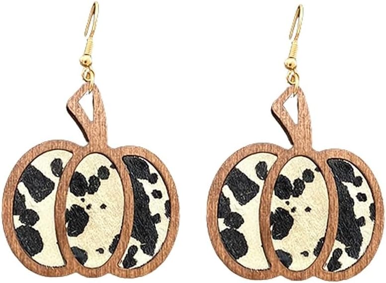 Halloween Pumpkin Wooden Dangle Earrings Handmade Lightweight Leopard Cow Print Leather Dangle Earrings for Women Glitter Thanksgiving Fall Drop Earrings Holiday Jewelry