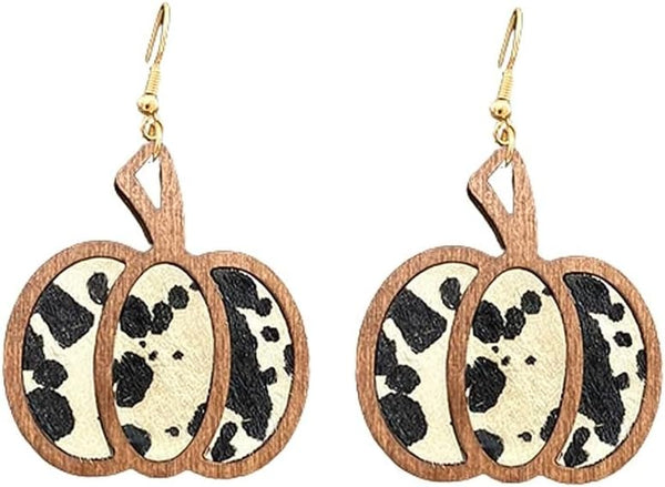 Halloween Pumpkin Wooden Dangle Earrings Handmade Lightweight Leopard Cow Print Leather Dangle Earrings for Women Glitter Thanksgiving Fall Drop Earrings Holiday Jewelry