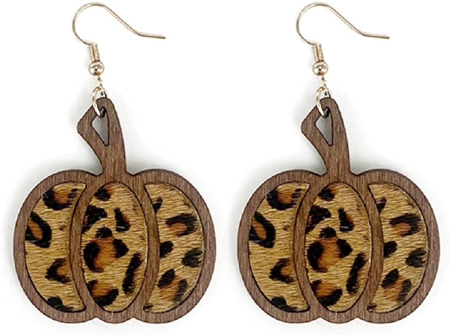 Halloween Pumpkin Wooden Dangle Earrings Handmade Lightweight Leopard Cow Print Leather Dangle Earrings for Women Glitter Thanksgiving Fall Drop Earrings Holiday Jewelry Secondary image