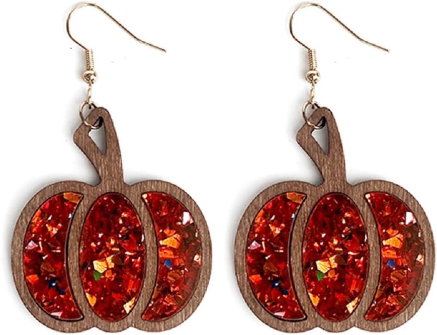 Halloween Pumpkin Wooden Dangle Earrings Handmade Lightweight Leopard Cow Print Leather Dangle Earrings for Women Glitter Thanksgiving Fall Drop Earrings Holiday Jewelry