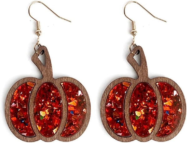 Halloween Pumpkin Wooden Dangle Earrings Handmade Lightweight Leopard Cow Print Leather Dangle Earrings for Women Glitter Thanksgiving Fall Drop Earrings Holiday Jewelry