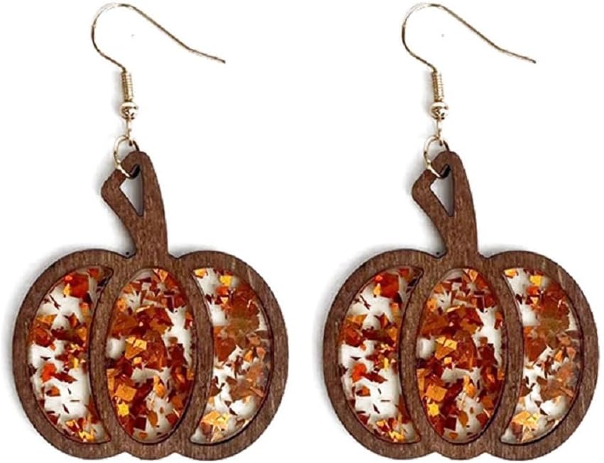 Halloween Pumpkin Wooden Dangle Earrings Handmade Lightweight Leopard Cow Print Leather Dangle Earrings for Women Glitter Thanksgiving Fall Drop Earrings Holiday Jewelry