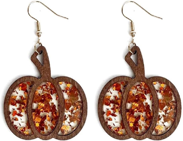Halloween Pumpkin Wooden Dangle Earrings Handmade Lightweight Leopard Cow Print Leather Dangle Earrings for Women Glitter Thanksgiving Fall Drop Earrings Holiday Jewelry