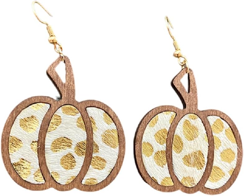 Halloween Pumpkin Wooden Dangle Earrings Handmade Lightweight Leopard Cow Print Leather Dangle Earrings for Women Glitter Thanksgiving Fall Drop Earrings Holiday Jewelry