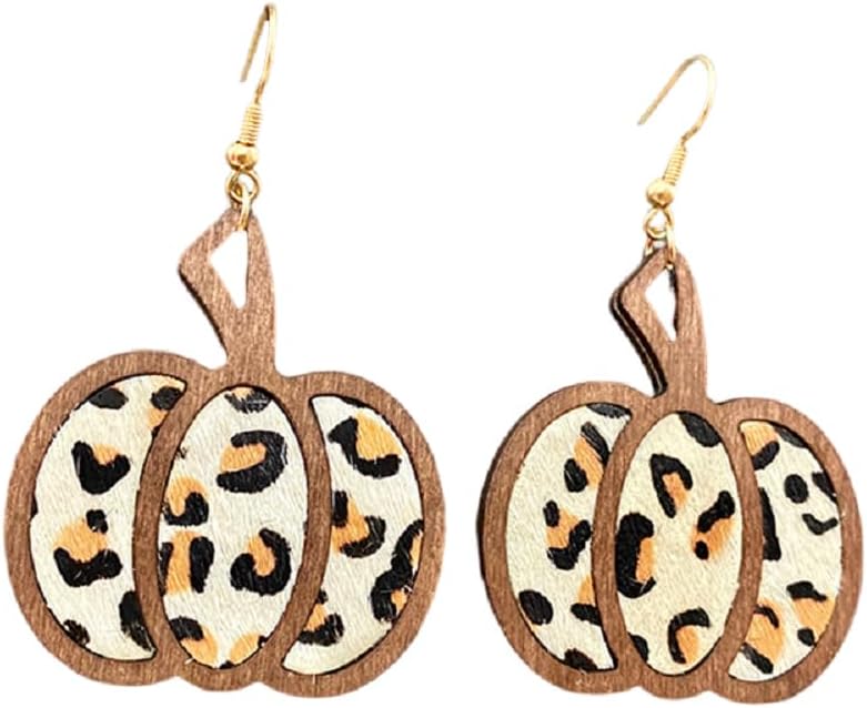 Halloween Pumpkin Wooden Dangle Earrings Handmade Lightweight Leopard Cow Print Leather Dangle Earrings for Women Glitter Thanksgiving Fall Drop Earrings Holiday Jewelry