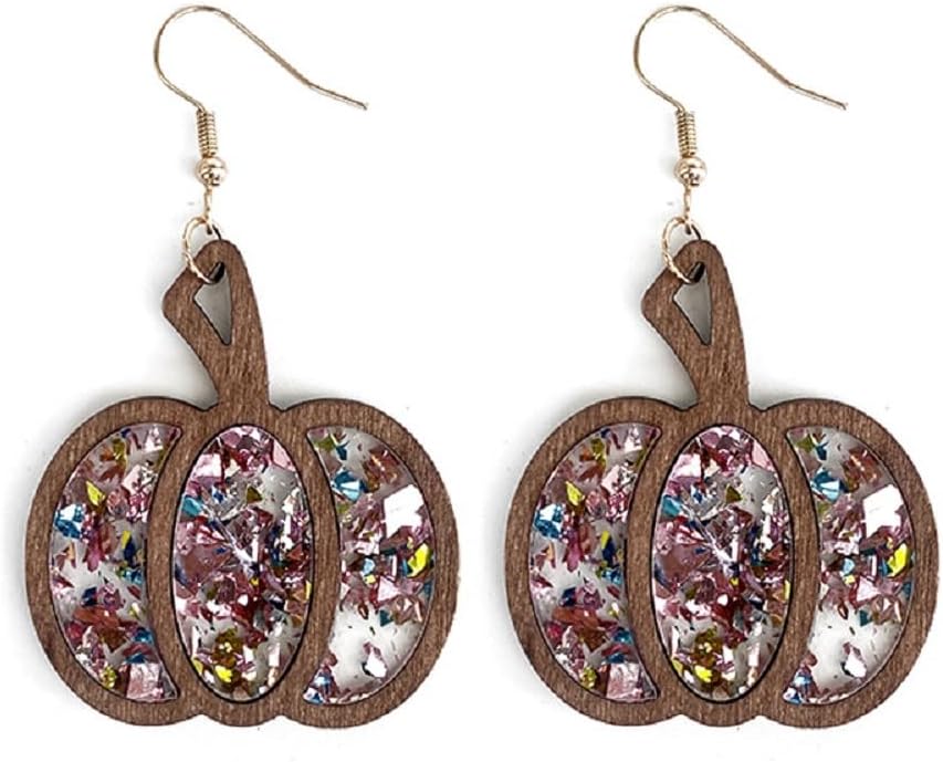 Halloween Pumpkin Wooden Dangle Earrings Handmade Lightweight Leopard Cow Print Leather Dangle Earrings for Women Glitter Thanksgiving Fall Drop Earrings Holiday Jewelry