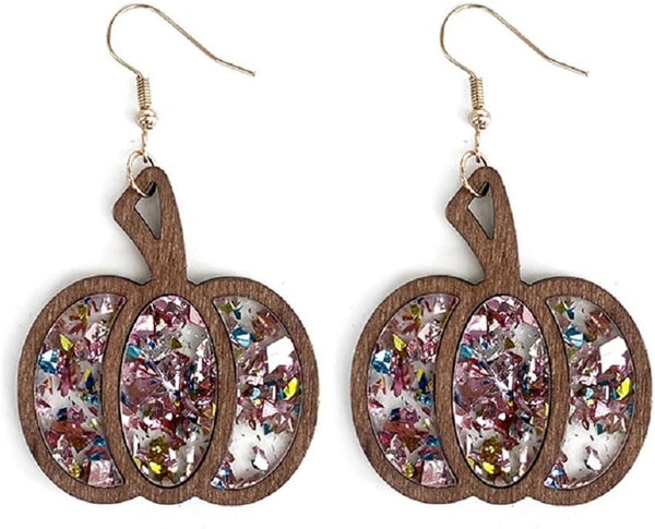 Halloween Pumpkin Wooden Dangle Earrings Handmade Lightweight Leopard Cow Print Leather Dangle Earrings for Women Glitter Thanksgiving Fall Drop Earrings Holiday Jewelry