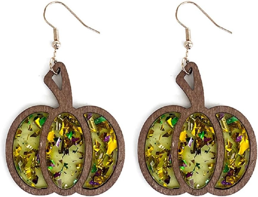 Halloween Pumpkin Wooden Dangle Earrings Handmade Lightweight Leopard Cow Print Leather Dangle Earrings for Women Glitter Thanksgiving Fall Drop Earrings Holiday Jewelry