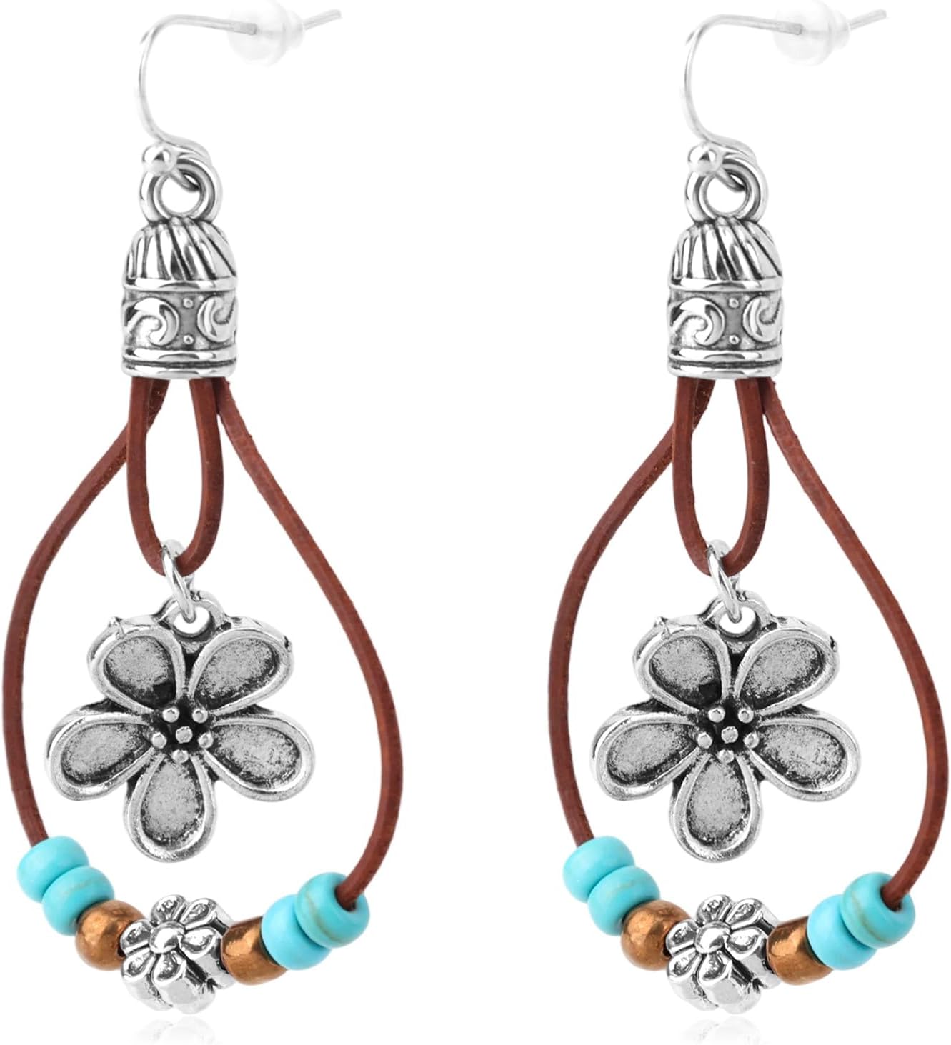 Western Leather Flower Dangle Earrings with Natural Stones