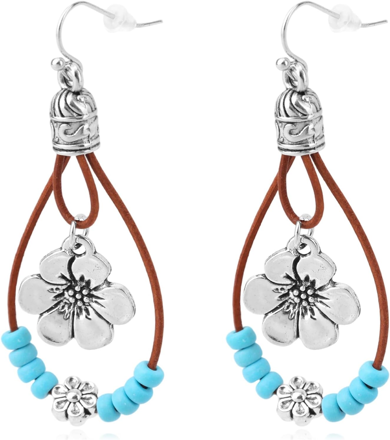 Western Leather Flower Dangle Earrings with Natural Stones