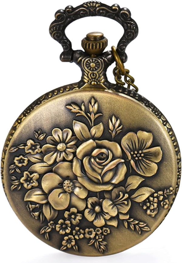 Antique Bronze Retro Hollow Rose Flowers Openwork Quartz Pocket Watch