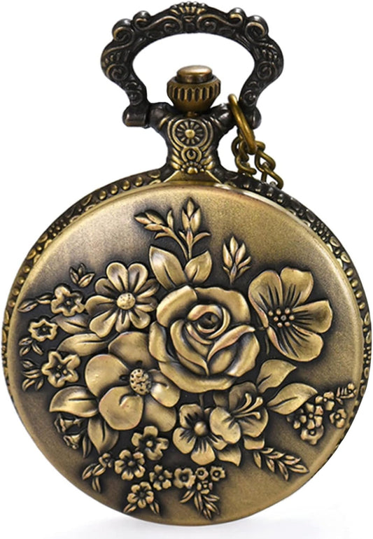 Antique Bronze Retro Openwork Rose Quartz Pocket Watch for Women